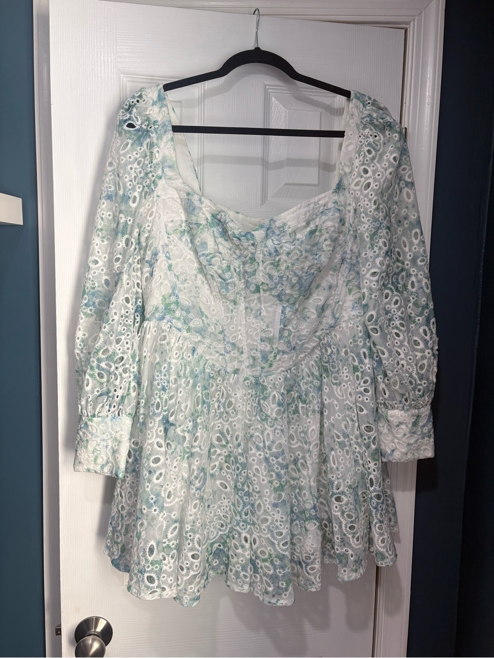 Adorable Bardot White and Light Green Eyelet lace dress